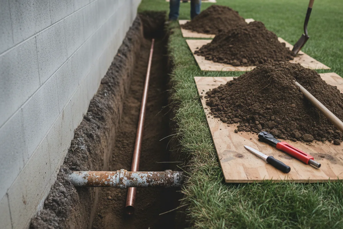 Excavated water line trench during Water Softener Installation in Cranston